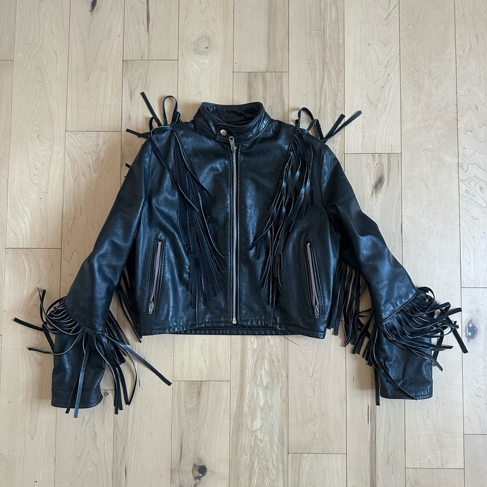 Vintage Black Leather Jacket with Fringe